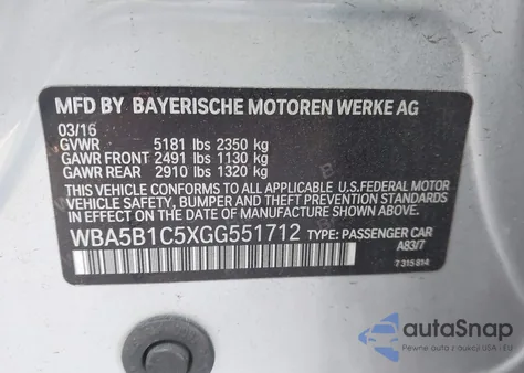 2016 BMW 535I из США, поврежденный, VIN WBA5B1C5XGG551712